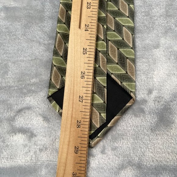 Stafford Mens Neck Tie Green Brown Geometric Print 100% Silk Made in USA - Picture 9 of 11